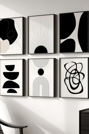 Framed Boho Black White Abstract Wall Art Set of Six