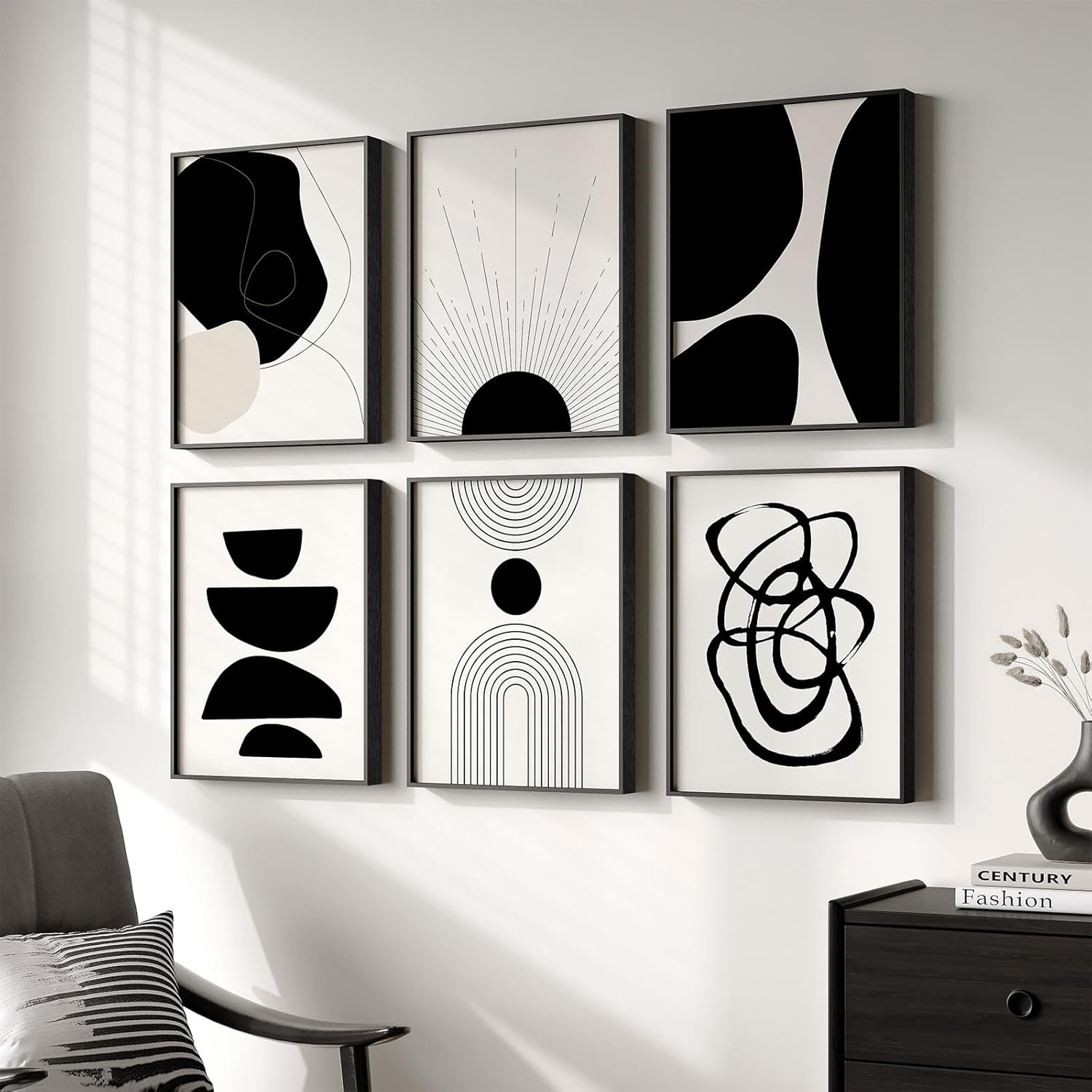 Framed Boho Black White Abstract Wall Art Set of Six