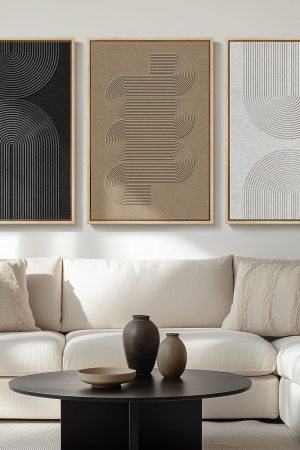Large Framed Neutral Abstract Wall Art Set for Living Room