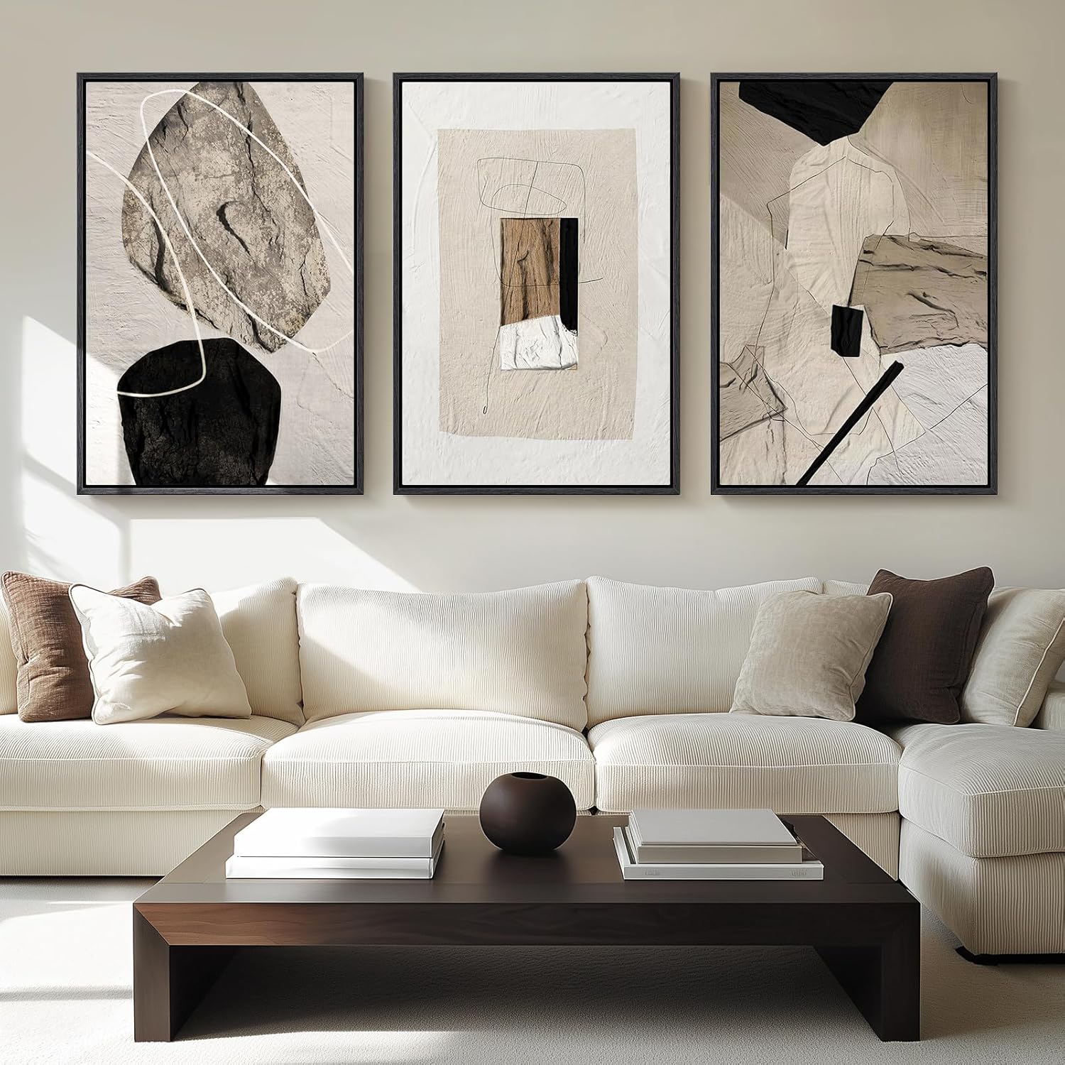 Framed Neutral Abstract Canvas Wall Art for Living Room